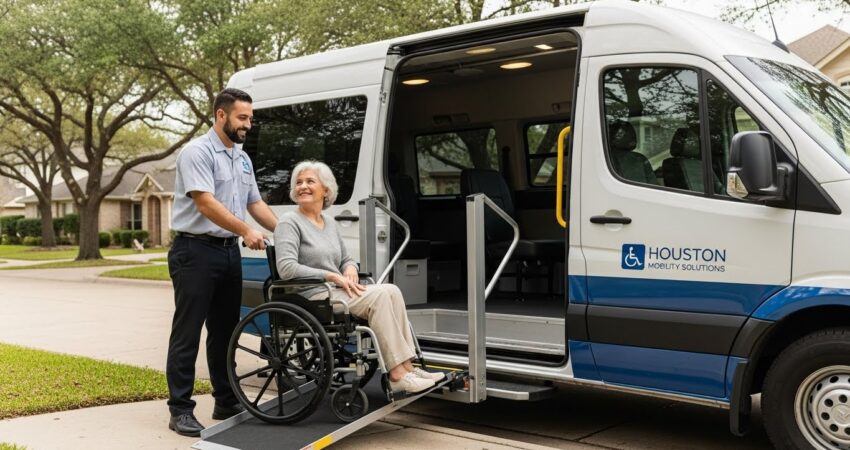 Driver helping a wheelchair user into an accessible van in Houston